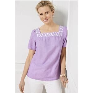 Talbots Shirt Womens Large Purple Linen Blend Butterfly Embroidered Short Sleeve